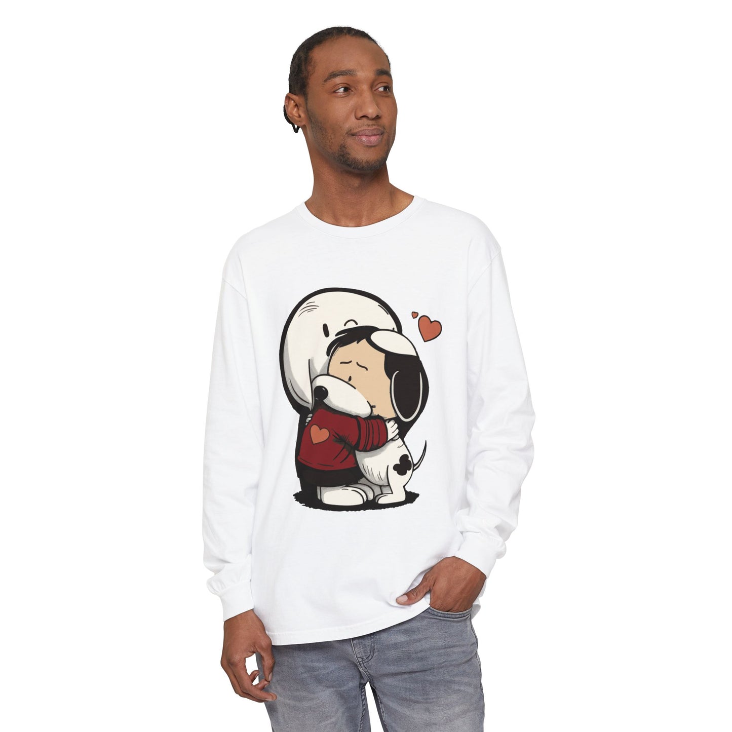 Cute Cartoon Dog and Boy Long Sleeve T-Shirt, Unisex Tee, Gift for Dog Lovers, Valentine’s Day, Casual Wear, Heartwarming Design