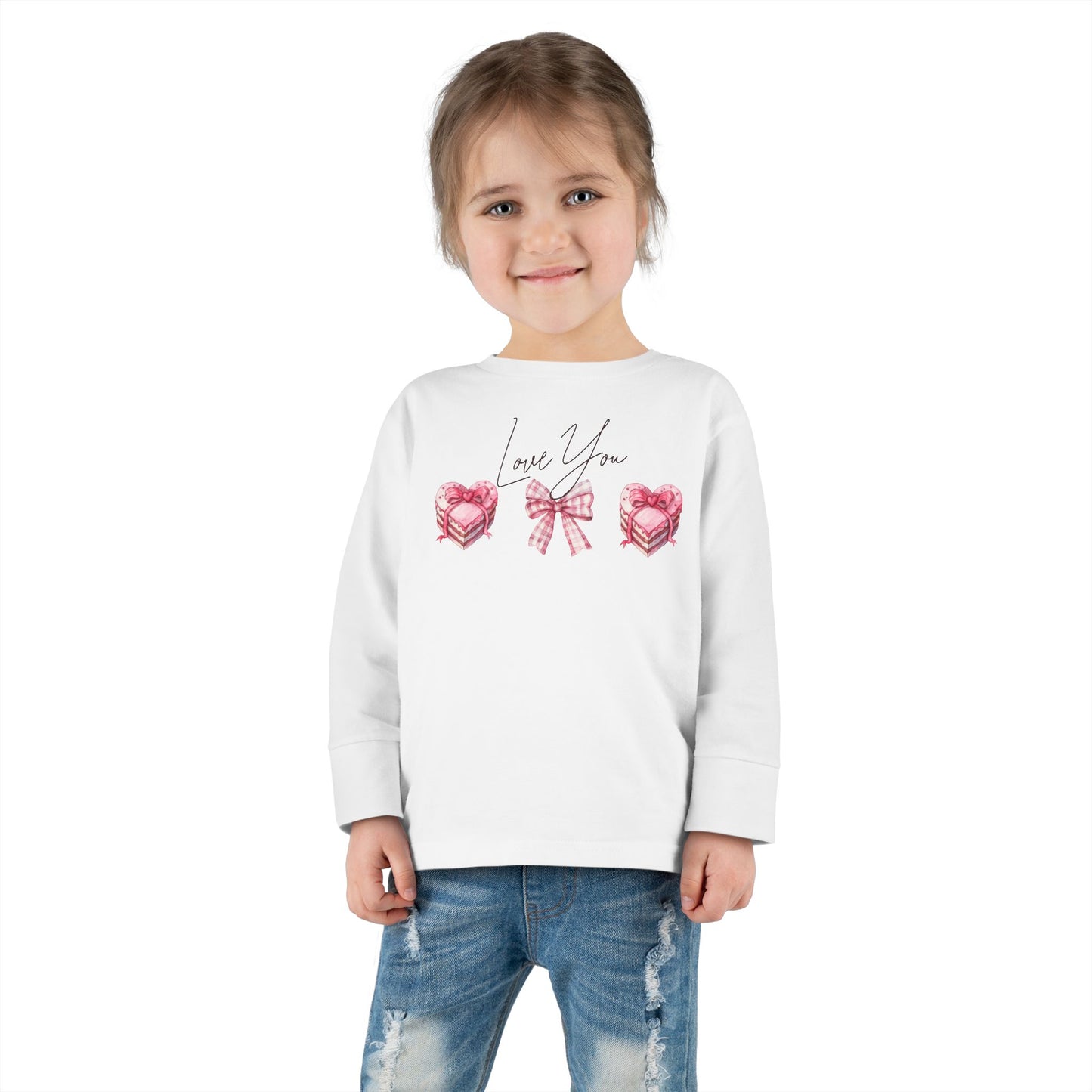 Adorable Toddler Long Sleeve Tee with Hearts & Bow, Cute Children's Apparel, Perfect for Birthdays, Holidays, Gift Ideas