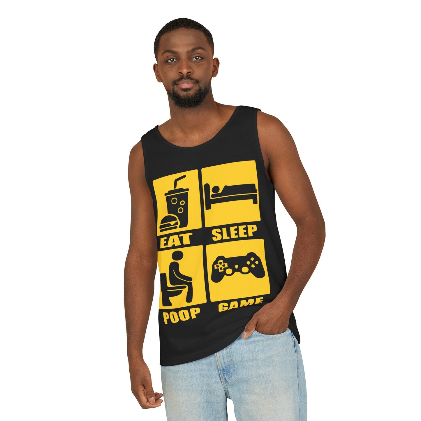 Fun Gamer Tank Top - Eat, Sleep, Poop, Game - Unisex Apparel for Gamers, Casual Wear, Gaming Gifts, Men's or Women's Tank, Summer Fashion