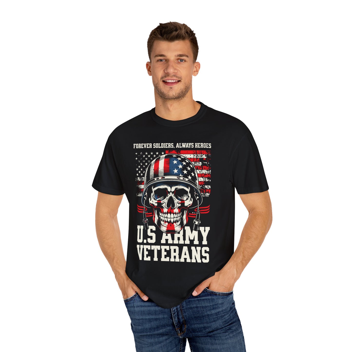 Patriotic Skull T-shirt for Veterans, Unisex Garment-Dyed Tee, Memorial Day, Army Pride, Gift for Soldiers