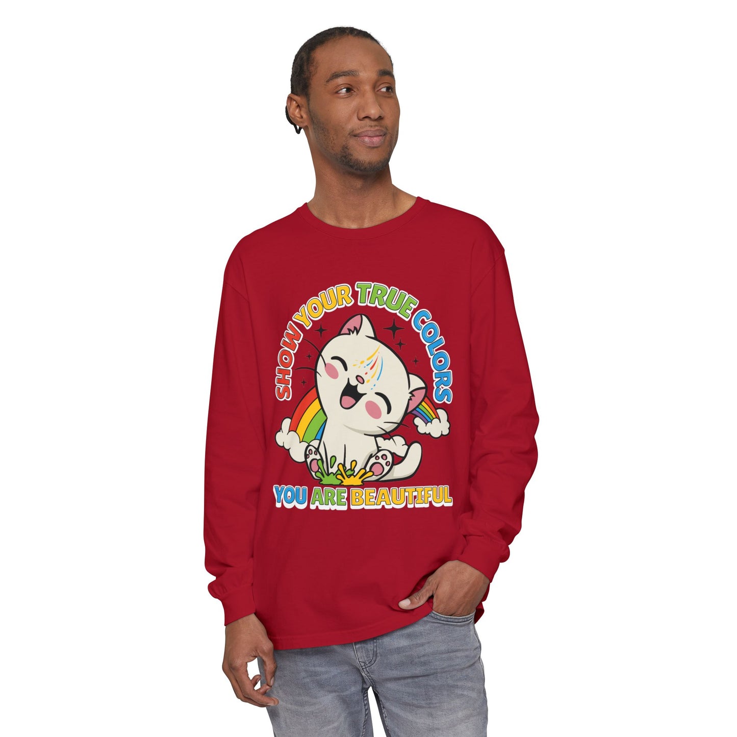 Cute Cat Long Sleeve T-Shirt - Show Your True Colors, Rainbow Graphic Tee, Gift for Cat Lovers, LGBTQ+ Pride Apparel, Fun Casual Wear