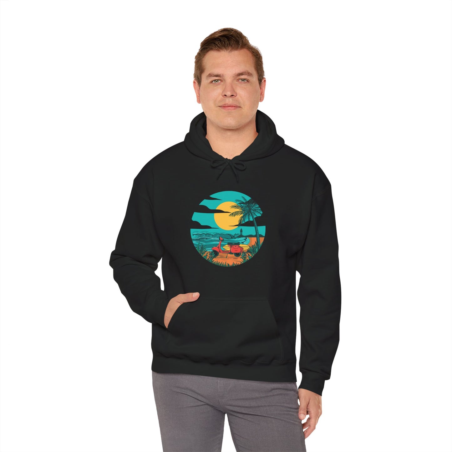 Tropical Sunset Hoodie with Surfing Design, Beachwear, Vacation Apparel, Unisex Hoodie, Summer Gift, Surf Lover Tee