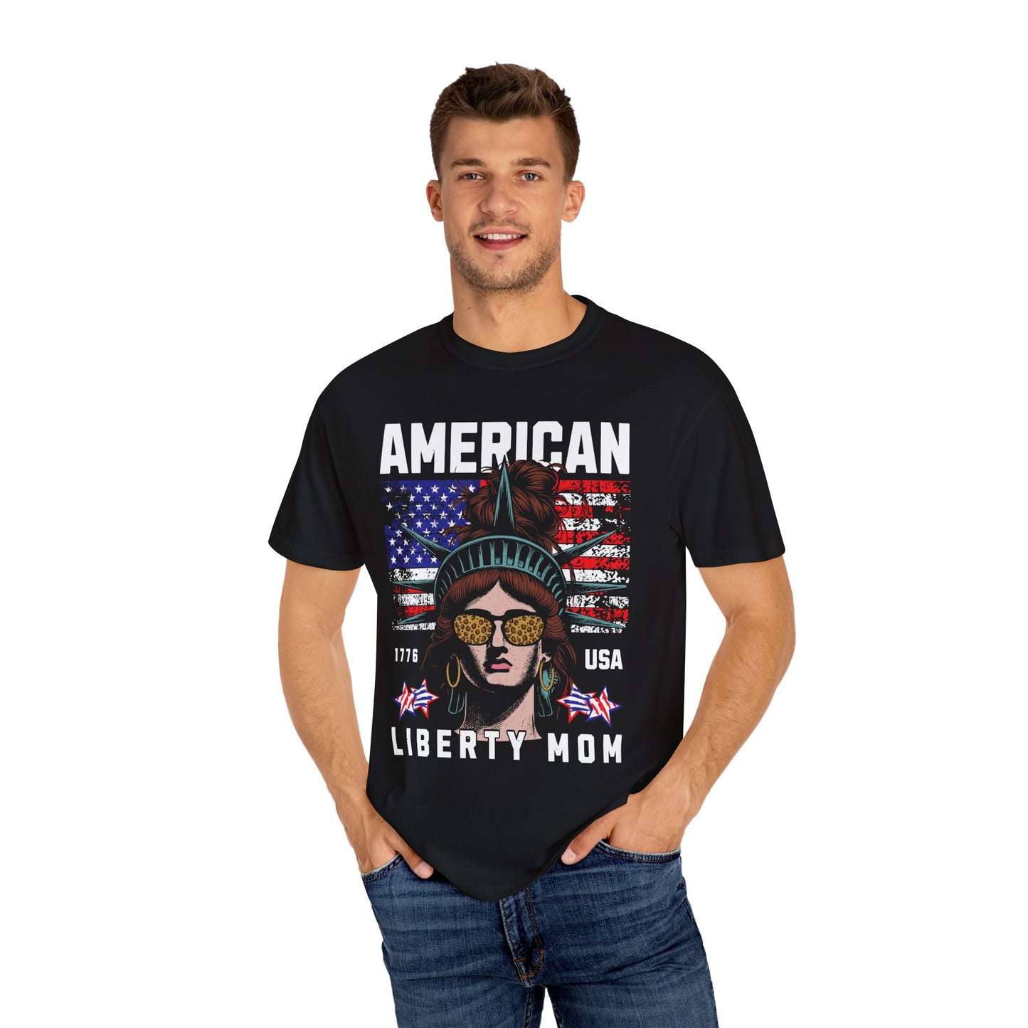 Patriotic Graphic T-shirt, American Liberty Mom Tee, Unisex Gift for Independence Day, Fun Casual Wear, Women and Men Tops