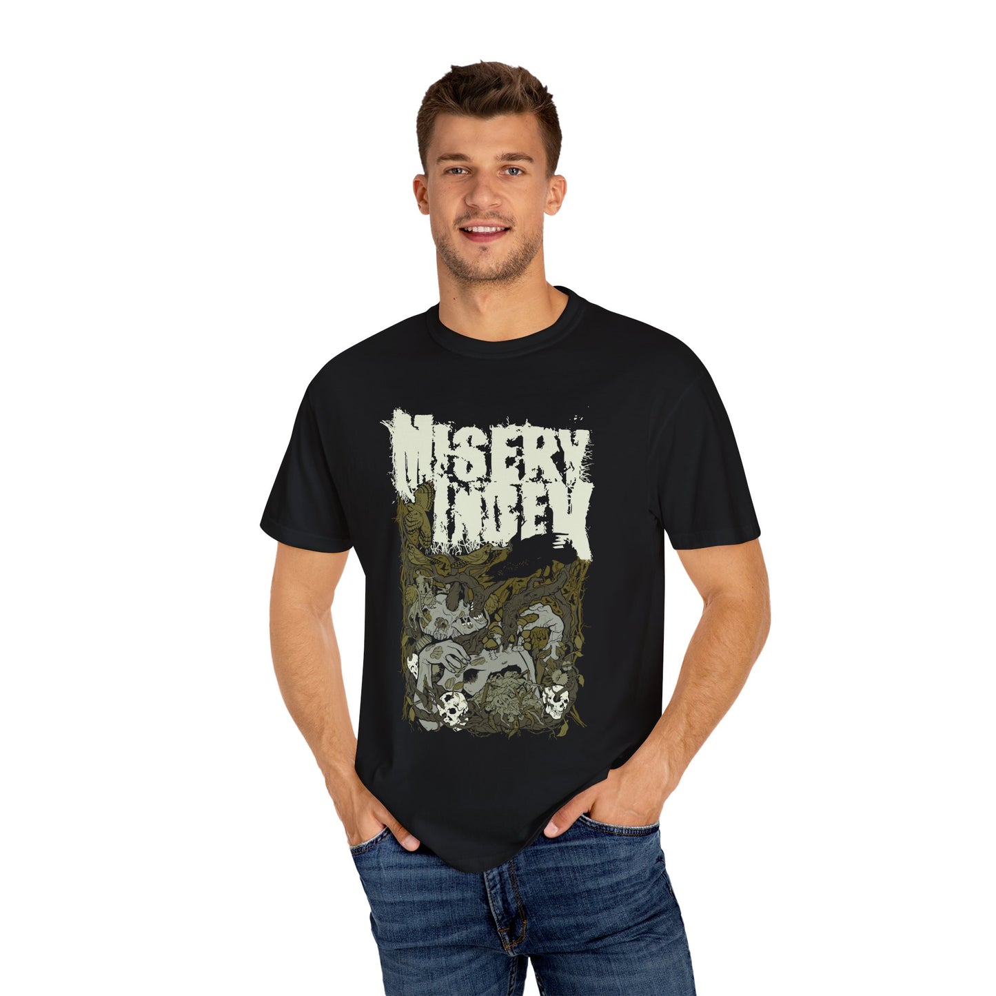 Dark Graphic Band T-shirt - Misery Index Art, Unisex Tee, Music Merch, Heavy Metal Gift, Casual Wear, Rock Fashion