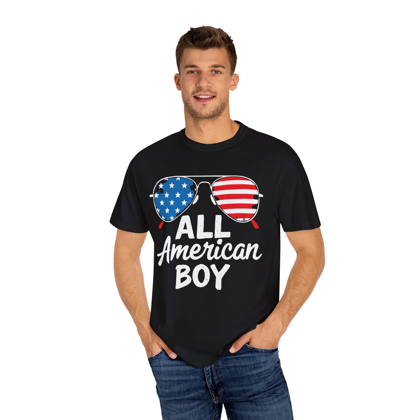 All American Boy T-Shirt, Unisex Patriotic Tee, Garment-Dyed Shirt, America Day Apparel, July 4th Celebration Top