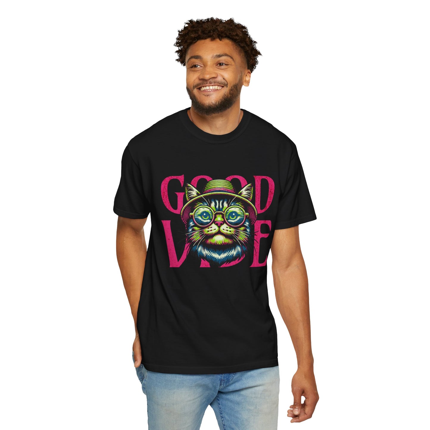 Colorful Cat Graphic T-Shirt, Good Vibe Tee, Unisex Casual Top, Cat Lover Gift, Trendy Streetwear, Everyday Wear, Summer Style