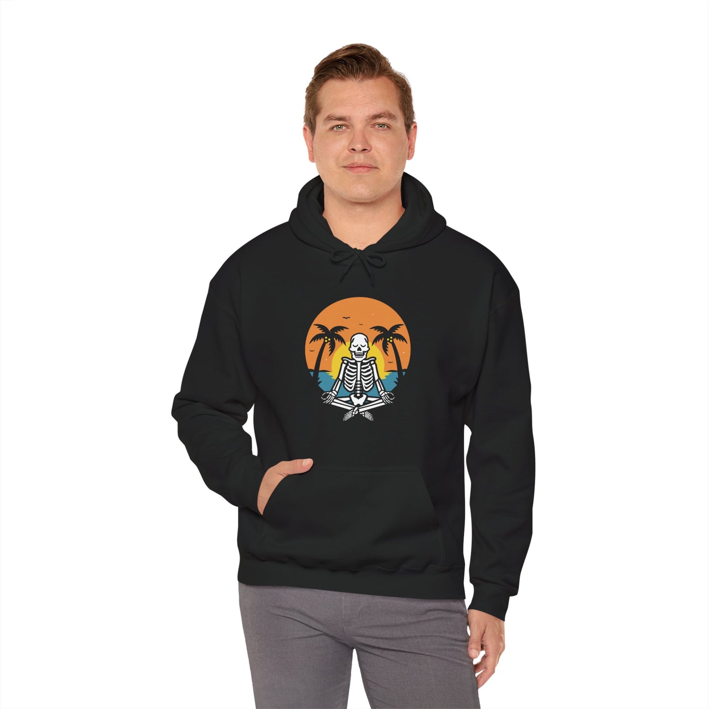 Relaxing Skeleton Hoodie, Unisex Sweatshirt, Cozy Beach Vibes, Halloween Apparel, Cool Gift for Friends, Casual Everyday Wear