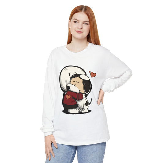 Cute Cartoon Dog and Boy Long Sleeve T-Shirt, Unisex Tee, Gift for Dog Lovers, Valentine’s Day, Casual Wear, Heartwarming Design