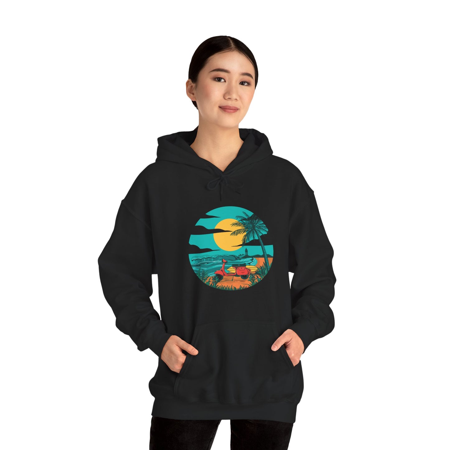 Tropical Sunset Hoodie with Surfing Design, Beachwear, Vacation Apparel, Unisex Hoodie, Summer Gift, Surf Lover Tee