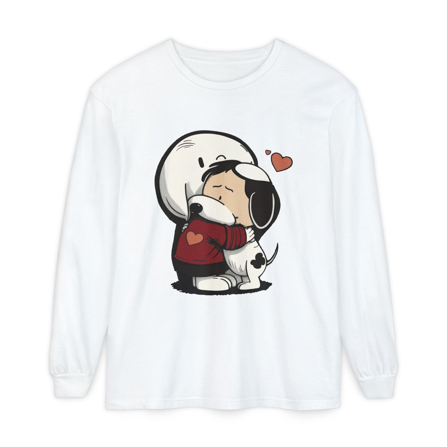 Cute Cartoon Dog and Boy Long Sleeve T-Shirt, Unisex Tee, Gift for Dog Lovers, Valentine’s Day, Casual Wear, Heartwarming Design