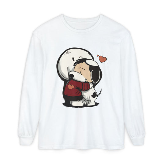 Cute Cartoon Dog and Boy Long Sleeve T-Shirt, Unisex Tee, Gift for Dog Lovers, Valentine’s Day, Casual Wear, Heartwarming Design