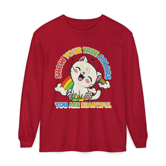 Cute Cat Long Sleeve T-Shirt - Show Your True Colors, Rainbow Graphic Tee, Gift for Cat Lovers, LGBTQ+ Pride Apparel, Fun Casual Wear