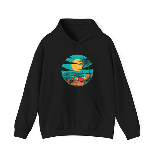 Tropical Sunset Hoodie with Surfing Design, Beachwear, Vacation Apparel, Unisex Hoodie, Summer Gift, Surf Lover Tee