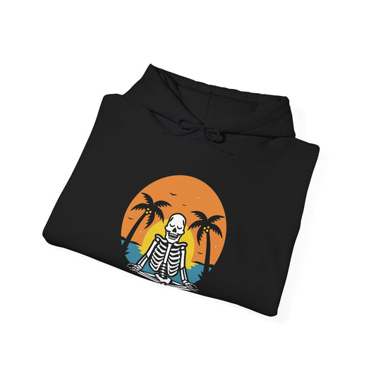 Relaxing Skeleton Hoodie, Unisex Sweatshirt, Cozy Beach Vibes, Halloween Apparel, Cool Gift for Friends, Casual Everyday Wear