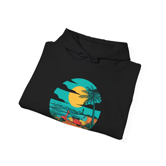 Tropical Sunset Hoodie with Surfing Design, Beachwear, Vacation Apparel, Unisex Hoodie, Summer Gift, Surf Lover Tee